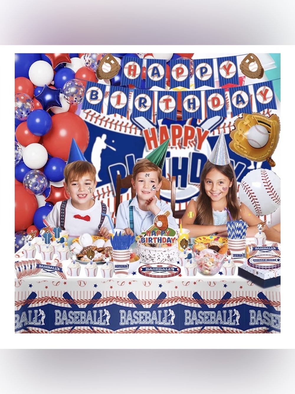 256 Pc Baseball Birthday Party Decorations Blue & Red NWT